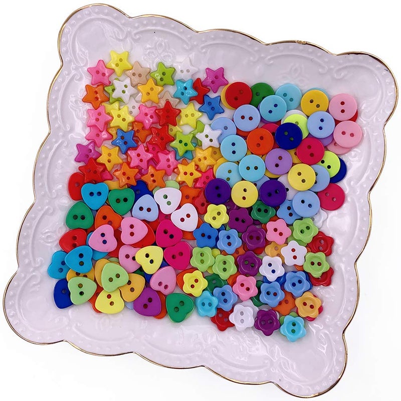 Propupy 200 Pcs Craft Buttons Sewing Button Colorful Button Round Heart Star Flower Mix Buttons for DIY Crafts Painting Decoration - Image 1